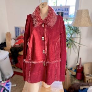 Sweater jacket faux leather patches fur accents